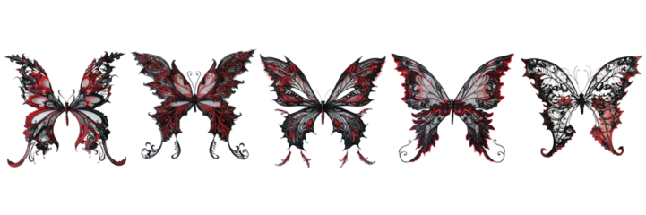  Set of A black and red Butterfly made by hand with fabric mesh on a transparent background
