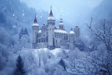 Majestic medieval castle amidst a tranquil snowfall in a serene, frosty woodland setting
