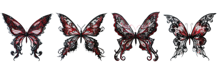  Set of A black and red Butterfly made by hand with fabric mesh on a transparent background