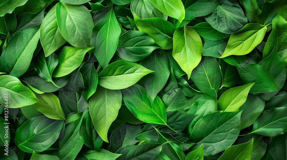 Poster creative layout made of green leaves flat lay nature background : generative ai