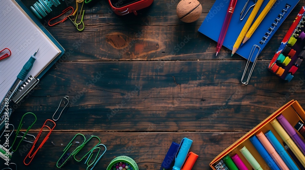 Poster school stationery on wooden background back to school creative layout template with copy space flat 
