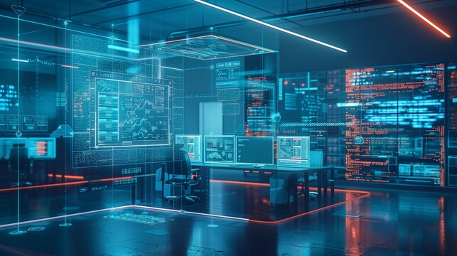 A modern computer room featuring neon lights and futuristic design elements