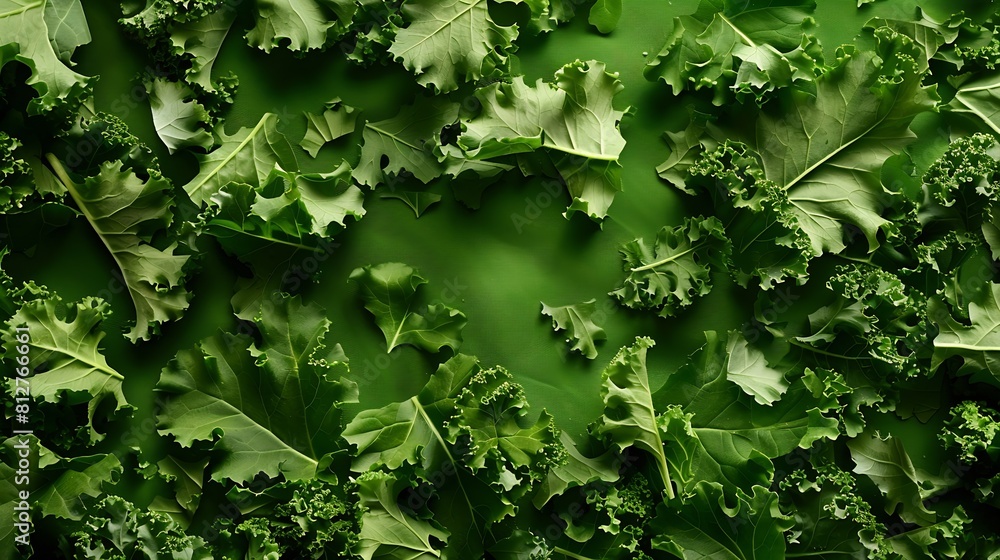 Poster creative layout made of kale salad leaves spinach ruccola on green background flat lay food concept 
