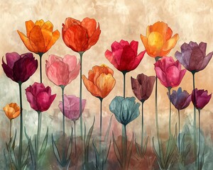 Spectrum of Emotions: Gradual Color Transition in Row of Tulips