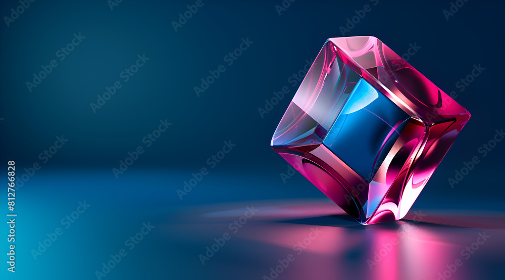 Poster a blue background with a pink cube in the center. the cube is made of glass and has a shiny, reflect