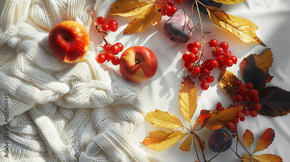 Aufkleber autumn layout warm knitted plaid and autumn leaves fruits berries on a white background hello autumn