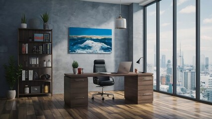 Fototapeta premium Ceo business interior with desk near window, A sleek and modern 3D render of a CEO's office interior