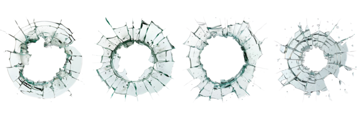 Set of A bullet hole in glass creating cracks a on transparent background