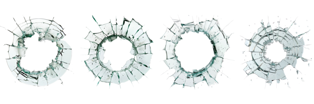 Set of A bullet hole in glass creating cracks a on transparent background