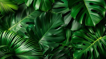 Creative tropical green leaves layout with copy space Nature spring concept Flat lay : Generative AI