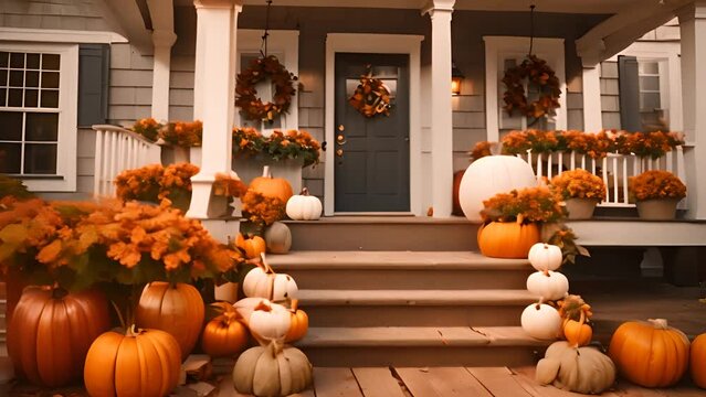 Front Porch Adorned With Pumpkins and Flowers Generative AI