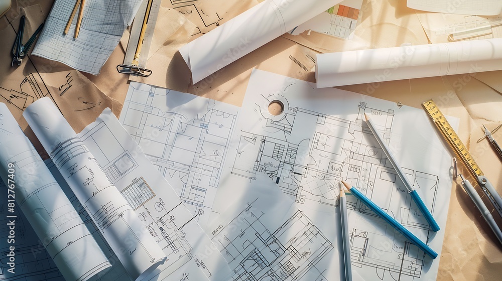 Poster Creative flat lay of architects wooden table with roll blueprints architectural project plan engineering tools office supplies Workspace for designer concept : Generative AI