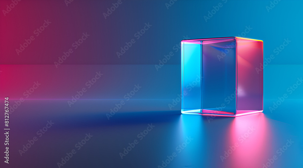Poster a cube is sitting on a blue and purple background. the cube is made of clear glass and is illuminate