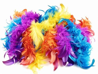 Feather Boas Colorful feather boas, typically used in parades and parties, draped elegantly to showcase their lush and festive appearance, isolated on white background
