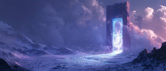 Frozen Fantasy: Enigmatic Door Emitting Cold Blue Light on Snowy Mountain Summit, Awaited by Bold Explorers Amidst Icy Cliffs