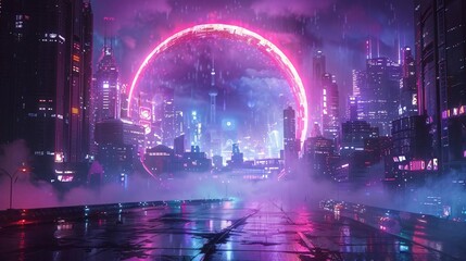 Obraz premium Vibrant Neon Cyberpunk Cityscape Through Abstract Stone Gate Portal, Futuristic Urban Skyline Illuminated in Bright Colors