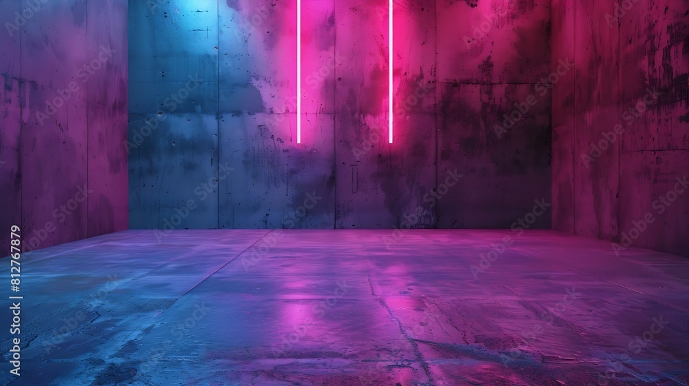 Poster Dark empty room with pink and blue led lights on concrete wall and floor Futuristic architecture interior space Modern neon background with grunge texture : Generative AI