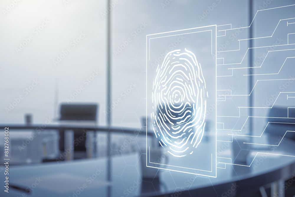 Poster multi exposure of virtual creative fingerprint hologram on a modern meeting room background, persona