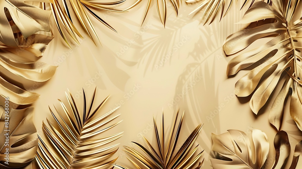 Poster Creative layout made of colorful and golden tropical leaves and palms on beige background Minimal summer exotic concept with copy space Border arrangement background : Generative AI