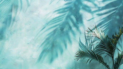 Mint Blue cement texture wall leaf plant shadow backgroundSummer tropical travel beach with minimal concept Flat lay pastel color palm nature : Generative AI