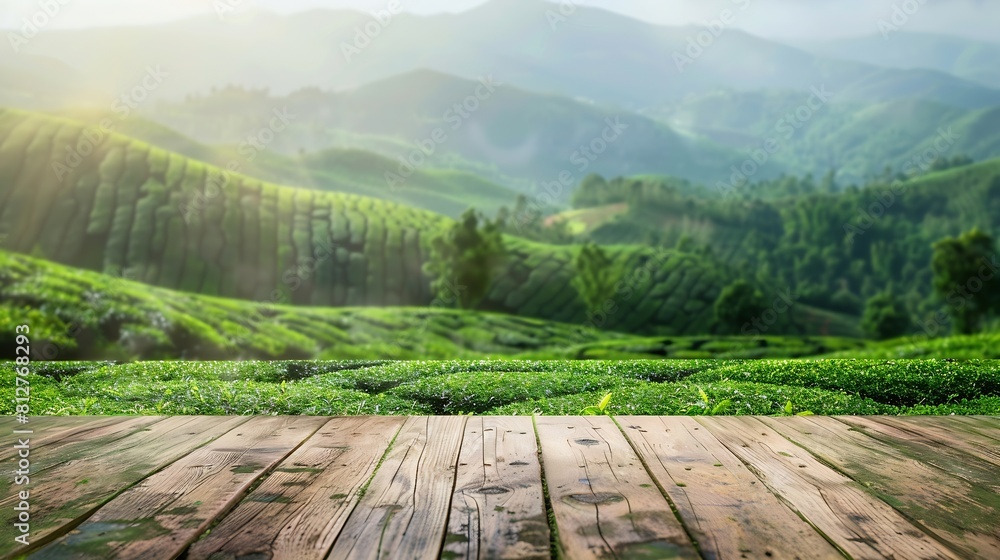 Poster wooden table top on blur green tea mountain and grass fieldfresh and relax conceptfor montage produc