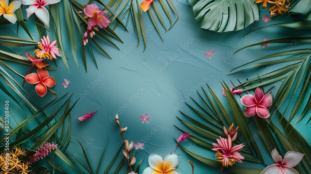 Poster creative layout made of tropical palm leaves and colorful flowers summer concept flat lay : generati