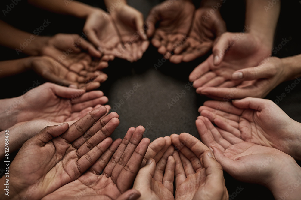 Poster Hands, poverty and prayer with palm for symbol with trust for motivation with unity in community with gratitude. Faith, religion and hardship with sign, poor and people with strength in together