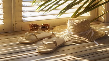 Straw hatsunglasses and beach slippers on wood : Generative AI