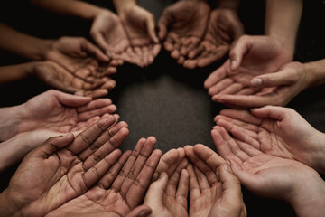 Hands, poverty and prayer with palm for symbol with trust for motivation with unity in community...