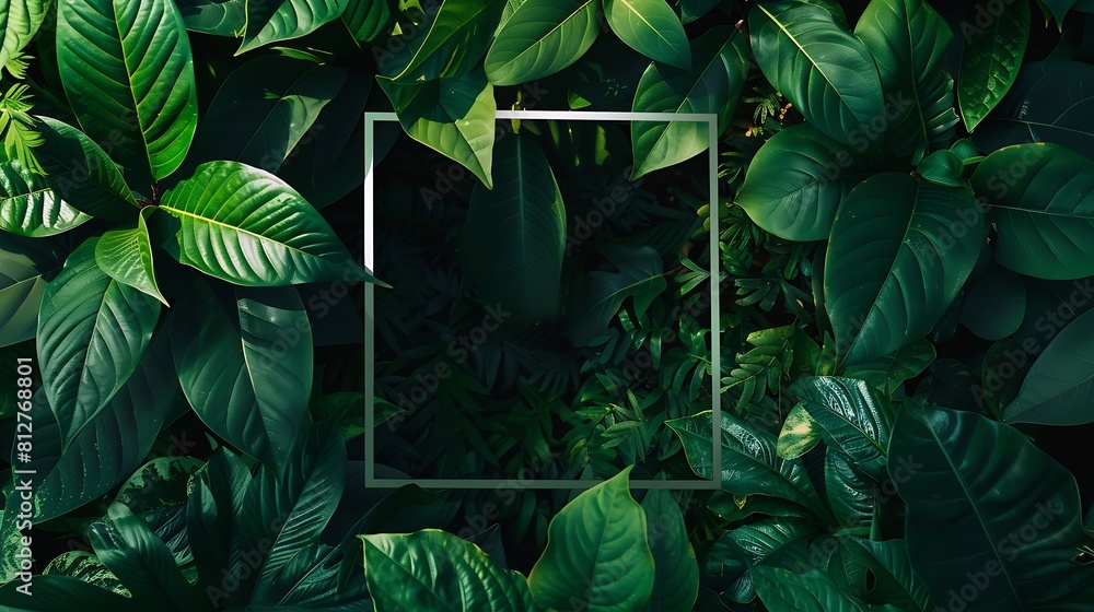Poster Square frame with leaves and Square frame background Creative layout made of tropical and leaves with green paper card note Blank for advertising card or invitation Flat lay Nature con : Generative AI