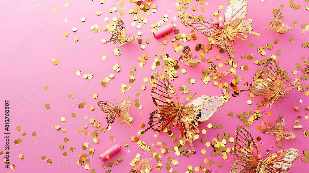 Poster festive background made with gold tracery illuminating butterflies and with shiny confetti on pink h