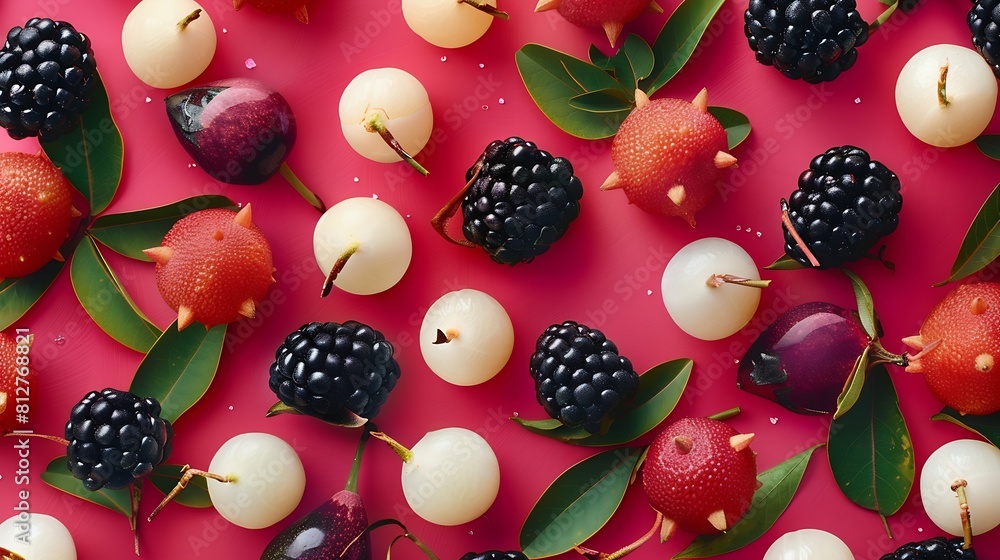 Poster creative layout made of mangosteen and blackberry flat lay food concept macro concept : generative a