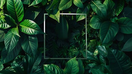 Square frame with leaves and Square frame background Creative layout made of tropical and leaves with green paper card note Blank for advertising card or invitation Flat lay Nature con : Generative AI
