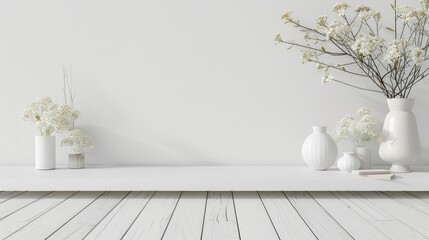 Empty wooden white table over white wall background