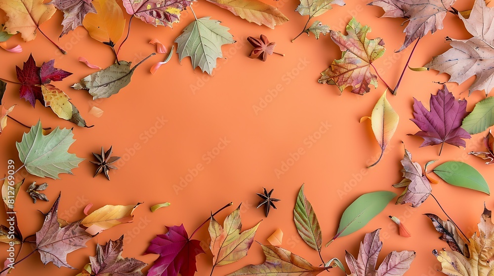 Poster Frame of different dry leaves on an orange background flat flat top view copy space Autumn composition screensaver Creative layout of colorful autumn leaves Autumn season concept : Generative AI