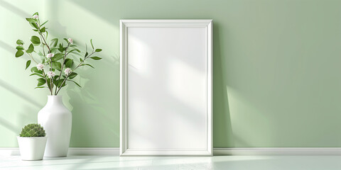 Simple Elegance: White Frame with Fresh Plants on Soft Green Background for Modern Home Decor