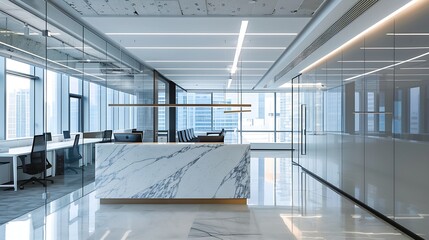 Obraz premium Modern office space featuring sleek glass partitions overhead linear lighting a marble reception desk and an open layout with minimalist aesthetics : Generative AI