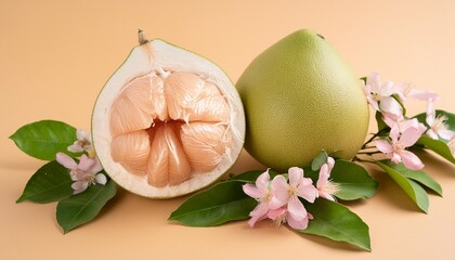 pomelo grapefruit fruit pink flowers and green leaves on peach background