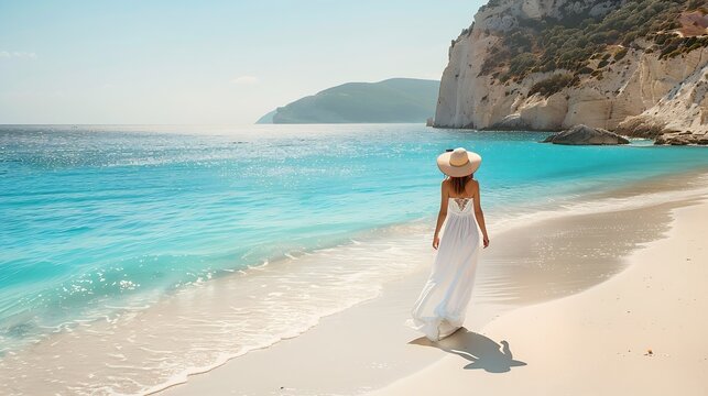 A tourist woman in white dress and hat enjoys the beautiful beach of Petani Kefalonia island Greece during her summer holiday time : Generative AI