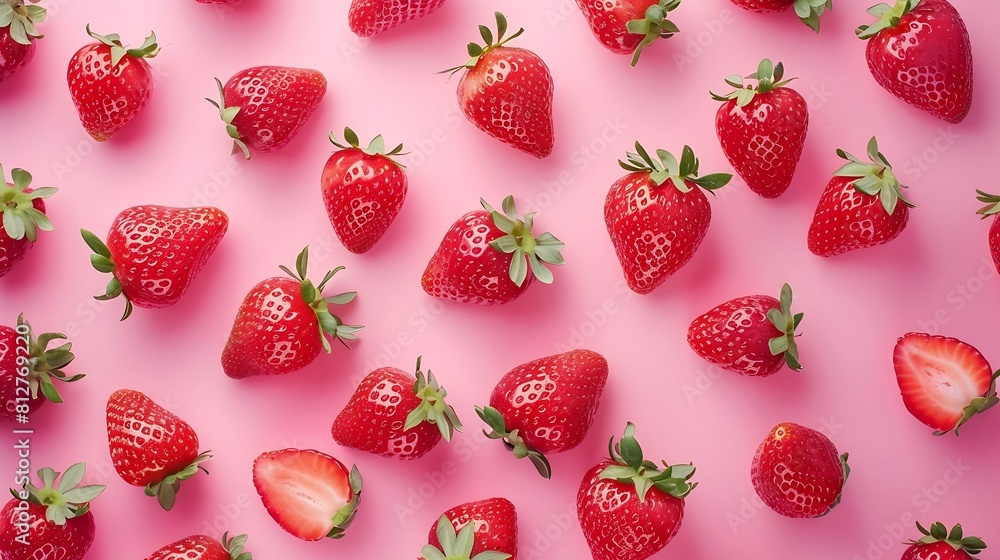 Poster strawberry on pink background top view berries pattern strawberry flat lay on pink background : gene