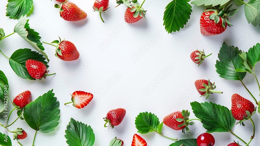 Poster fresh strawberry fruits and leaves composition and creative border on white background healthy eatin