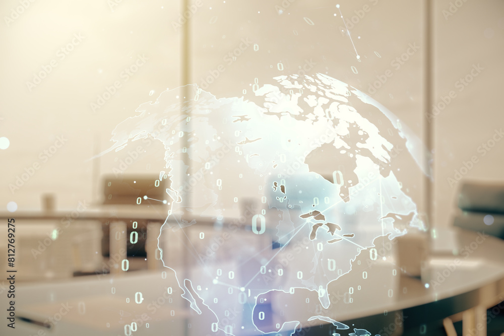Poster multi exposure of abstract creative coding sketch and world map on a modern conference room backgrou