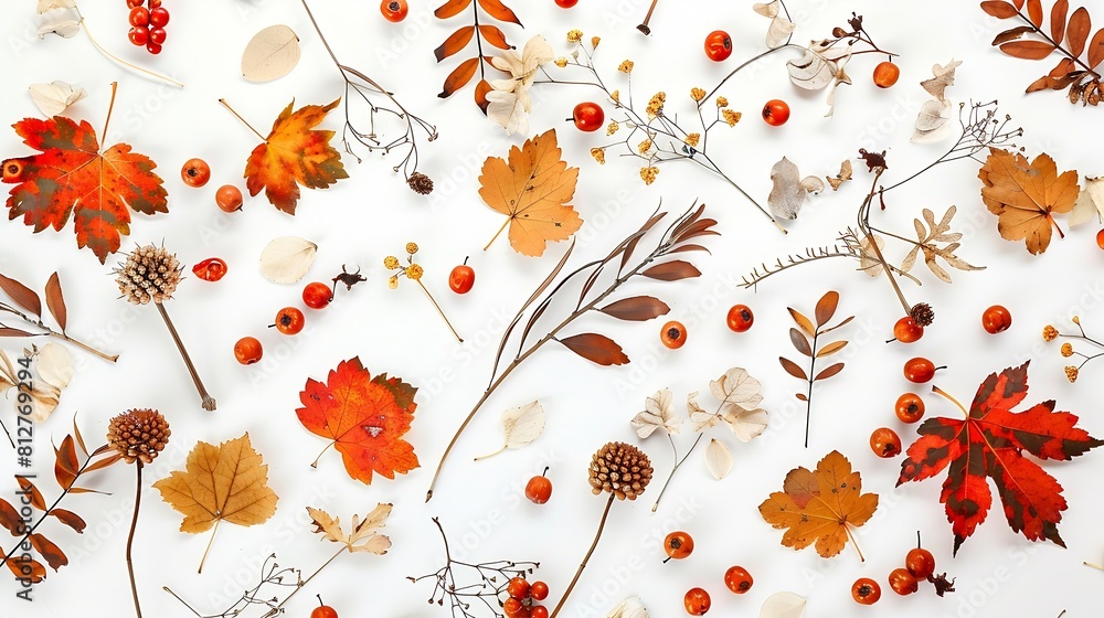 Poster autumn composition dried leaves flowers rowan berries on white background autumn fall thanksgiving d