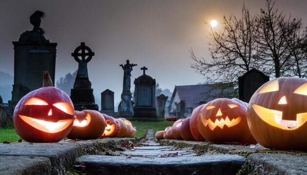 jack o lantern pumpkins in graveyard in the spooky night