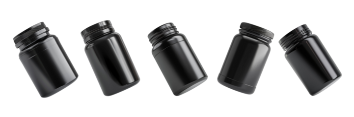 Set of A floating in the air black plastic supplement bottle a on transparent background