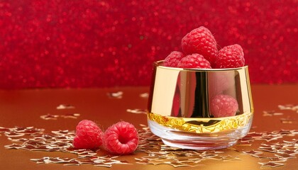 raspberries in a golden glass festive red background with golden confetti