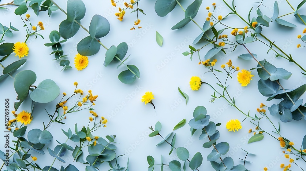 Poster flowers composition with fresh eucalyptus branches and yellow flowers easter spring summer concept f