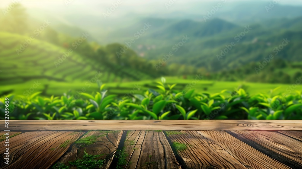Poster wooden table top on blur green tea mountain and grass fieldfresh and relax conceptfor montage produc
