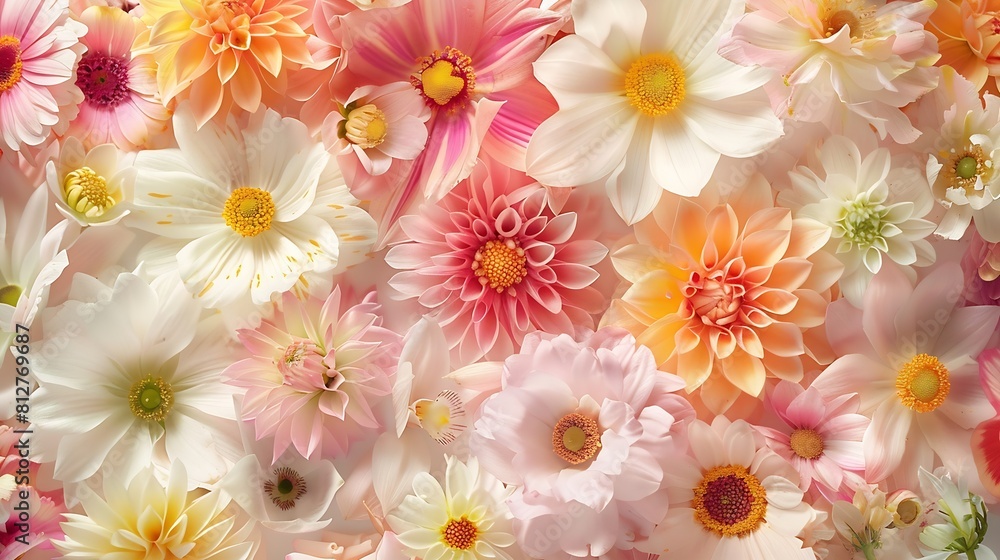 Poster creative layout made of various flowers flat lay nature background : generative ai