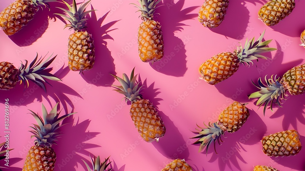 Poster Colorful fruit pattern of fresh pineapples on pink background From top view : Generative AI